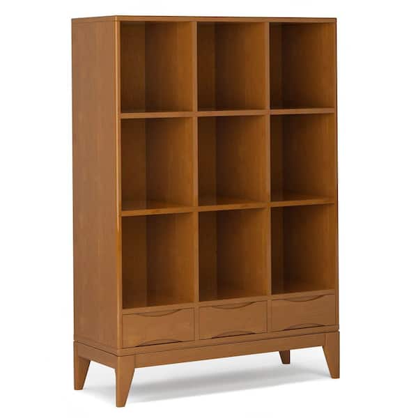 Simpli Home Harper 58 in. Tall Teak Brown Solid Hardwood Mid Century Modern 9-Cube Storage Bookcase with Drawers
