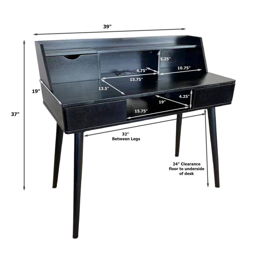 Black Acacia Wood Writing Desk with USB Ports and Drawer