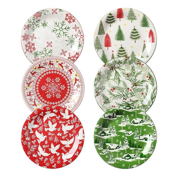 6 Pieces Ceramic 8 in. Christmas Salad Dessert Plates Set for Pasta Side Dishes Holiday Treats Dishwasher Microwave Safe