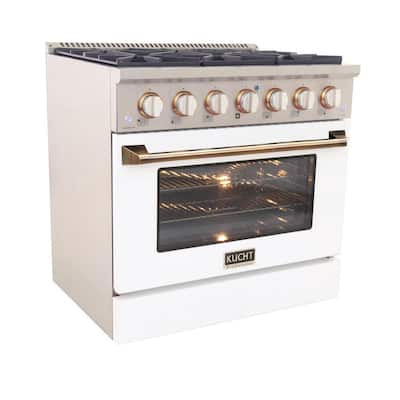 Custom KNG 36 in. 5.2 cu. ft. Propane Gas Range with Convection Oven in White with White Knobs and Gold Handle
