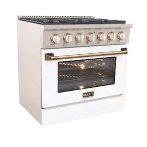 36 in. 5.2 cu. ft. LP Ready Dual Fuel Range with Gas Stove and Electric Oven in White with Gold Handle