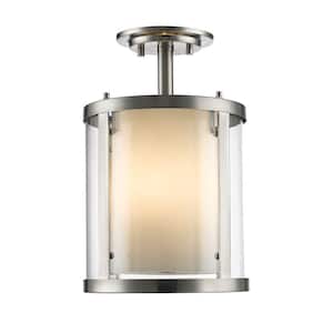 Willow 9 in. 3-Light Brushed Nickel Semi Flush Mount Light with Clear and Matte Opal Glass Shade with No Bulbs Included