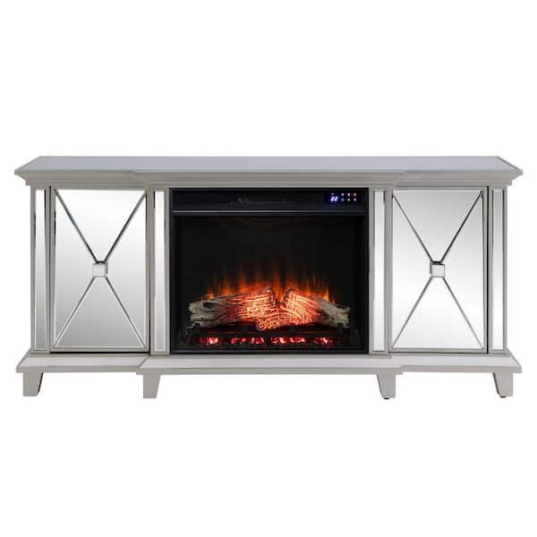 Southern Enterprises Kalis 58 in. Mirrored Surround Media Console Electric Fireplace in Silver
