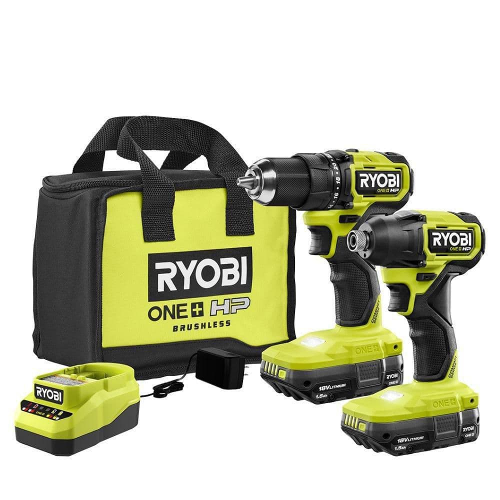 RYOBI ONE+ HP 18V Brushless Cordless Compact 1/2 in. Drill and Impact Driver Kit with (2) 1.5 Ah Batteries, Charger, and Bag PSBCK102K2