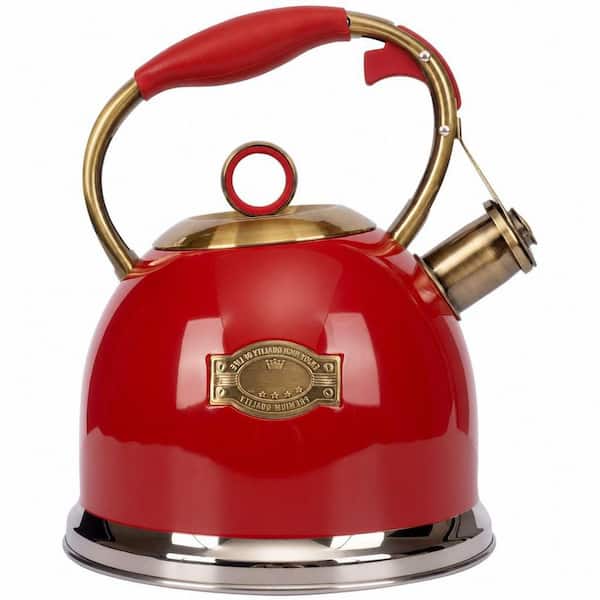 10-Cup Food Grade Stainless Steel Whistling Induction Stovetop Tea Kettle in Red with 1-Hand Trigger Mechanism