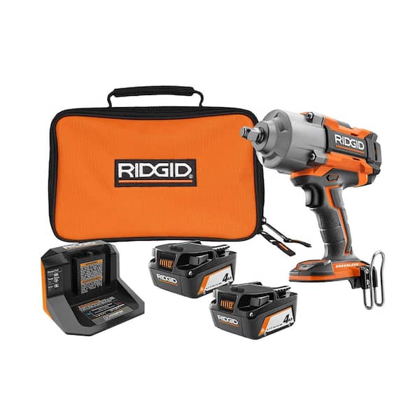 RIDGID 18V Brushless Cordless 1/2 in. High Torque 6-Mode Impact Wrench with (2) 4.0 Ah Batteries, 18V Charger, and Bag