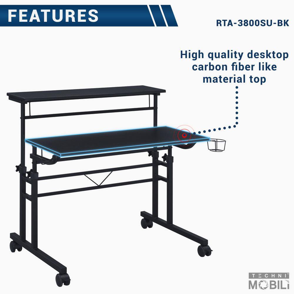 Adjustable Height Black Mobile Writing Desk with Cup Holder and Headphone Hook