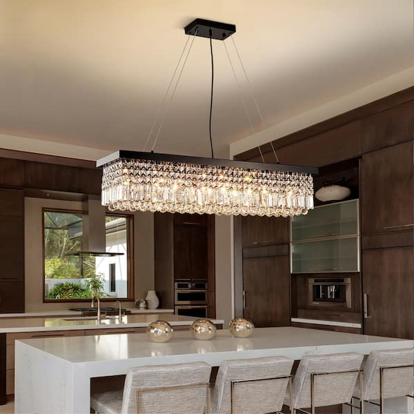 WDETR 40 in. 8-Light Black Modern Crystal Chandelier for Dining Room and Living Room