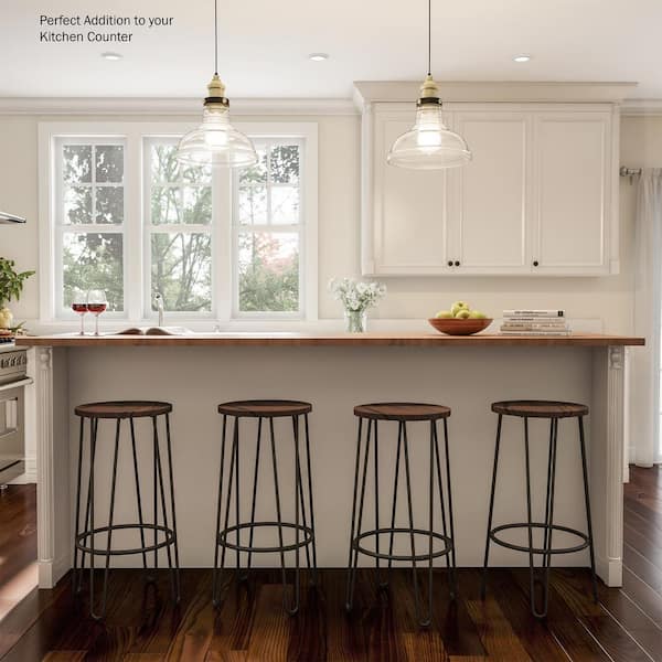 29.5 in. Dark Walnut Modern Wooden Backless Bar Stools with Metal Hairpin Legs (Set of 2)