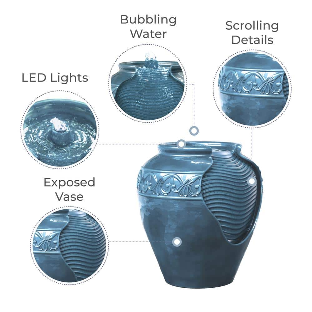 Teal Glazed Polyresin Pot Water Fountain with LED Light