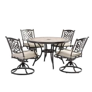 5-Piece Cast Aluminum Outdoor Dining Set with Tile-Top Dining Table and Flower-Shaped Swivel Chairs with Beige Cushions