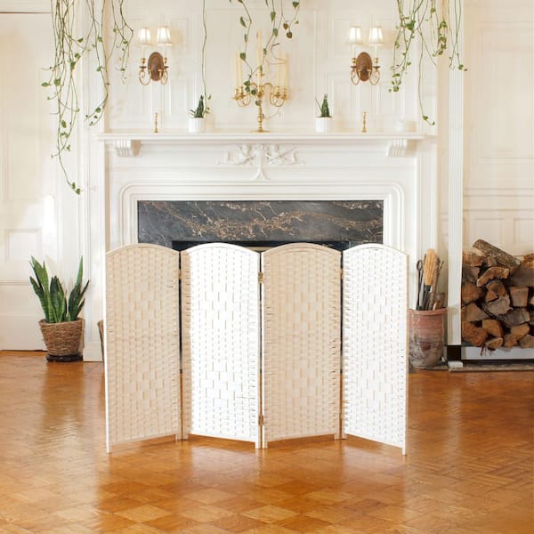 Oriental Furniture 3 ft. Short Diamond Weave Fiber Folding Screen - White - 4 Panel