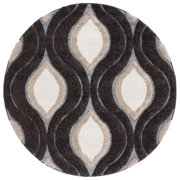 Florida Shag 7 ft. x 7 ft. Round Dark Brown/Ivory Geometric Area Rug