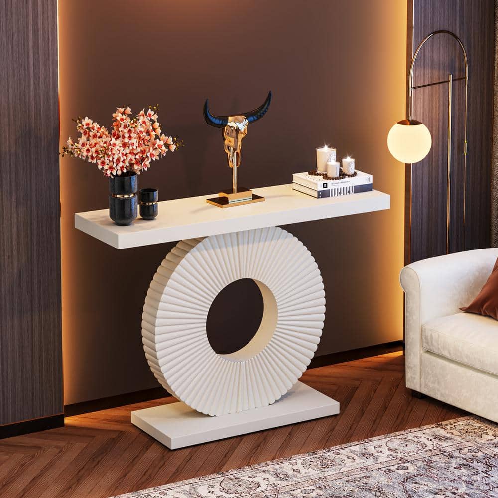 White 40-Inch Wood Console Table with Geometric Base