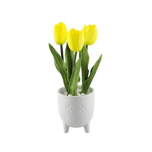 12.5 in. Real-Touch Yellow Artificial Tulips in 4.5 in. Lobster Ceramic Foorted Pot