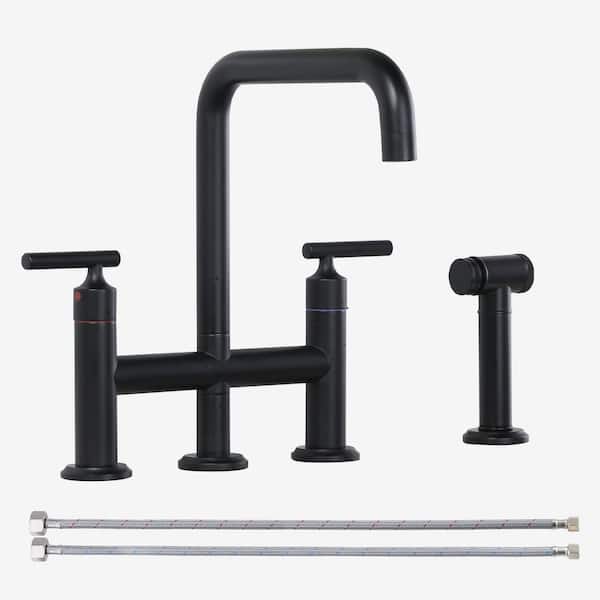 Double Handle Brass Bridge Kitchen Faucet, Deck Mount Kitchen Sink Faucet with Side Sprayer in Matte Black