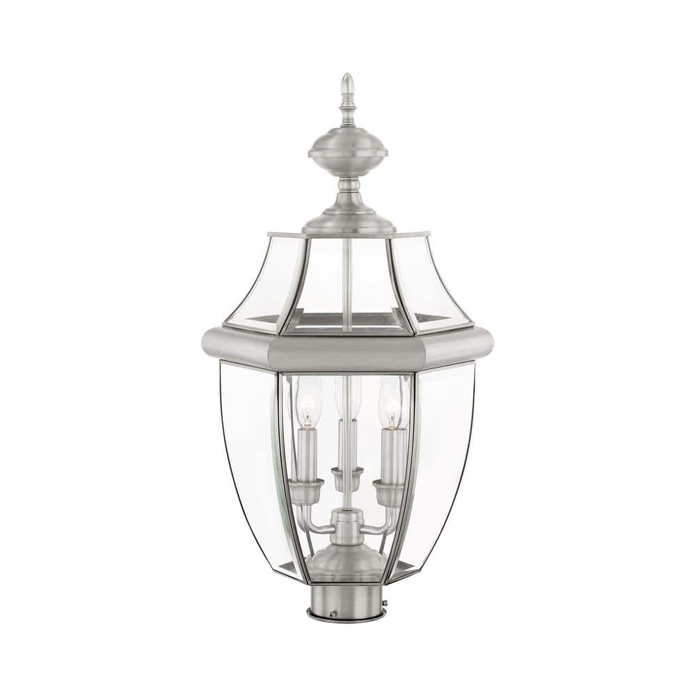 Monterey Brushed Nickel 3-Light Outdoor Post Lantern with Clear Beveled Glass