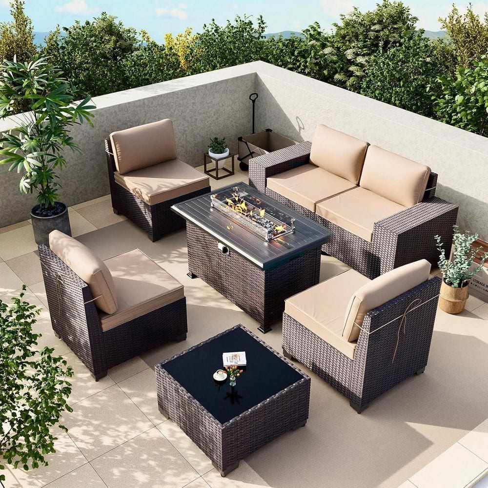 家具 Arieru Zerpod 7-Piece Wicker Outdoor Patio Conversation Set with Propane