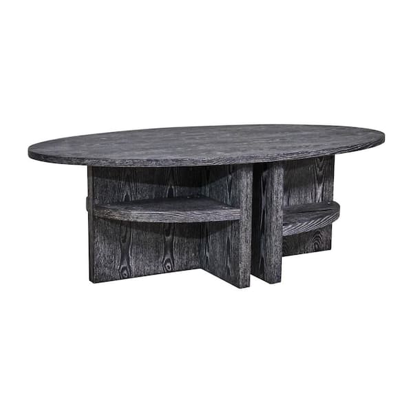53 in. Gray Oval MDF Coffee Table with Shelving