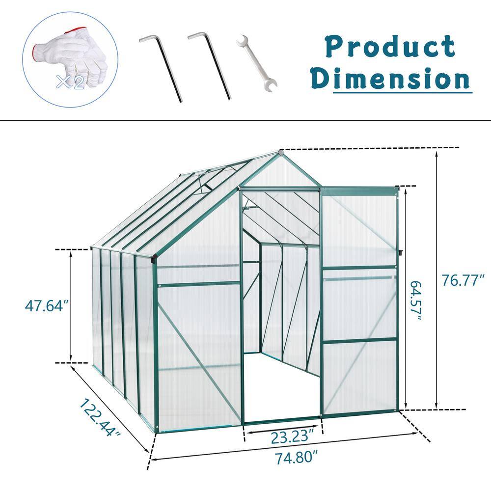 Green Aluminum Frame Walk-In Polycarbonate Greenhouse with Sliding Door