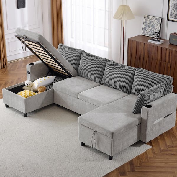 111.8 in. 2-piece Corduroy U-Shaped Sectional Sofa in. Gray with Storage, USB Ports and Cup Holders