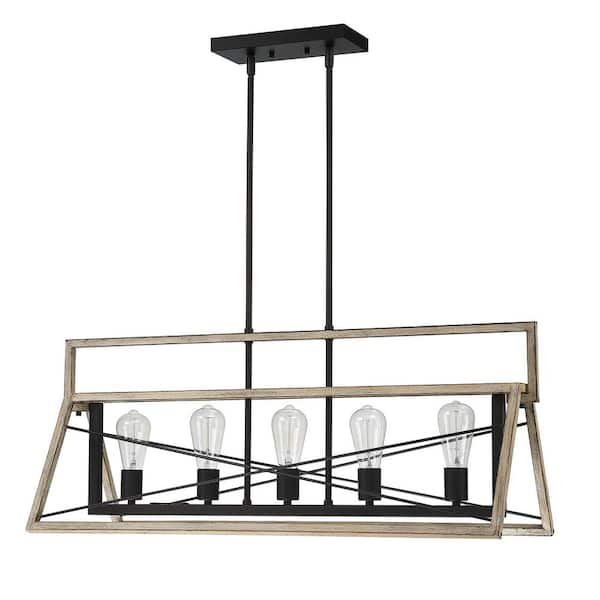 Hukoro 5-Light Matte Black and Barnwood Industrial Triangle Cage Chandelier
