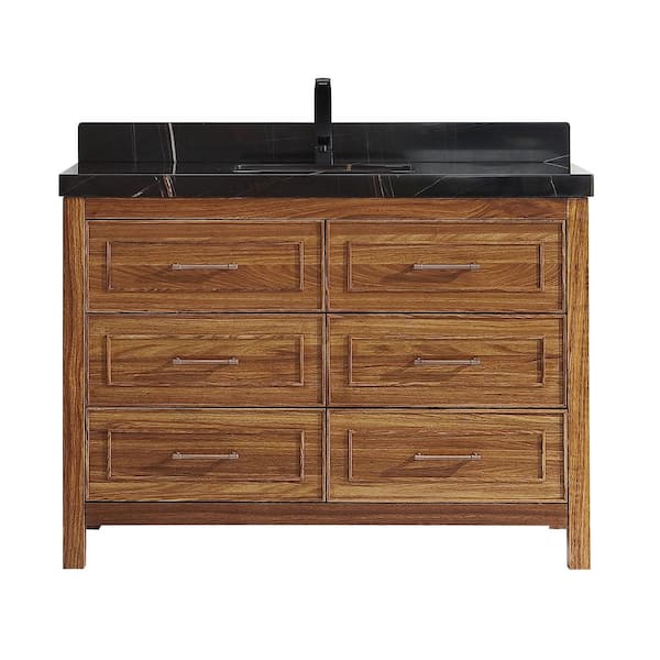 Luxury Ebony Series 48 in. 1 Freestanding Light Brown Finish Bath Vanity with 2 in. Black Natural Marble Top Assembled