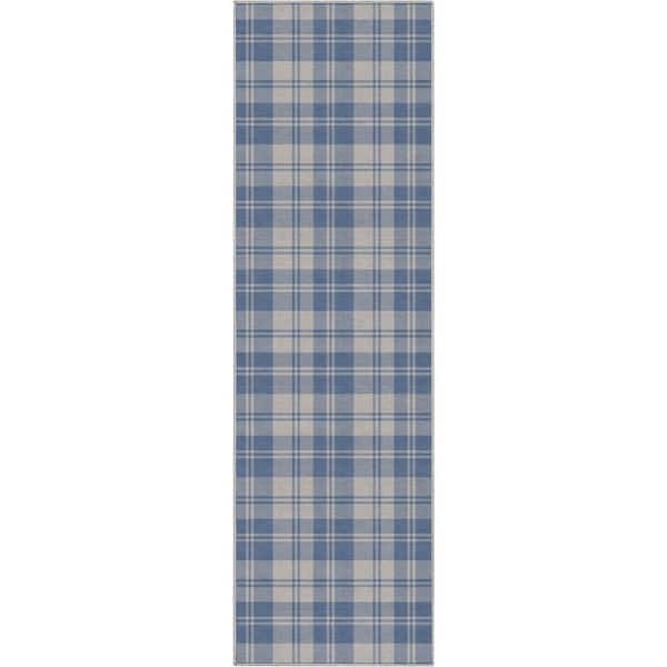 Blue 2 ft. 3 in. x 7 ft. 3 in. Runner Apollo Plaid Farmhouse Geometric Area Rug