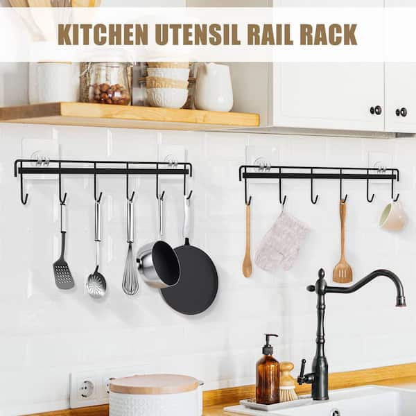 Black Wall Mounted Pot Rack with 12 Hooks and Space Saving for Organizing Kitchen Utensils Hanger (2-Pack)