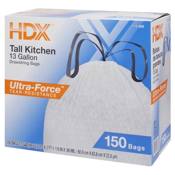 HDX 13 Gal. FLEX White Drawstring Kitchen Trash Bags (150 Count)