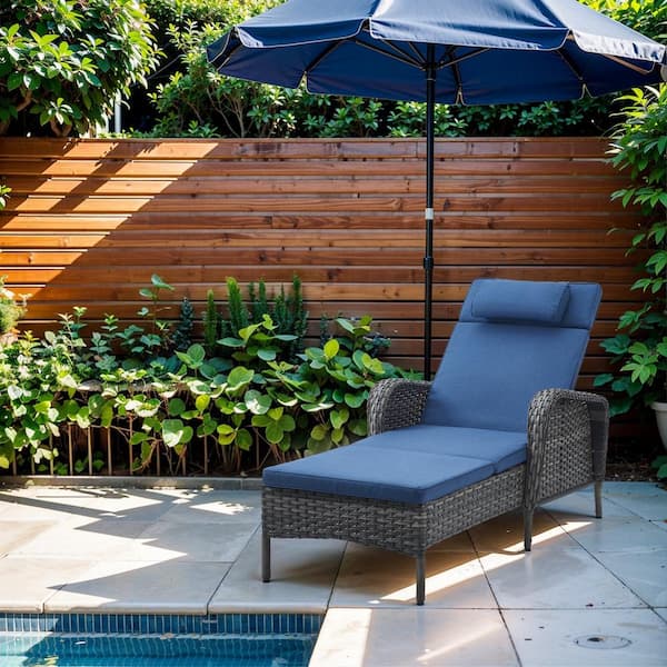 Gymojoy Carolina Gray 1-Piece Wicker Outdoor Chaise Lounge with Blue Cushions
