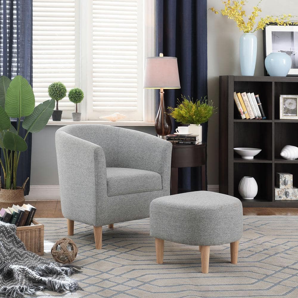 Barrel Chair and Ottoman 27 in. Wide Accent Linen Chair Gray
