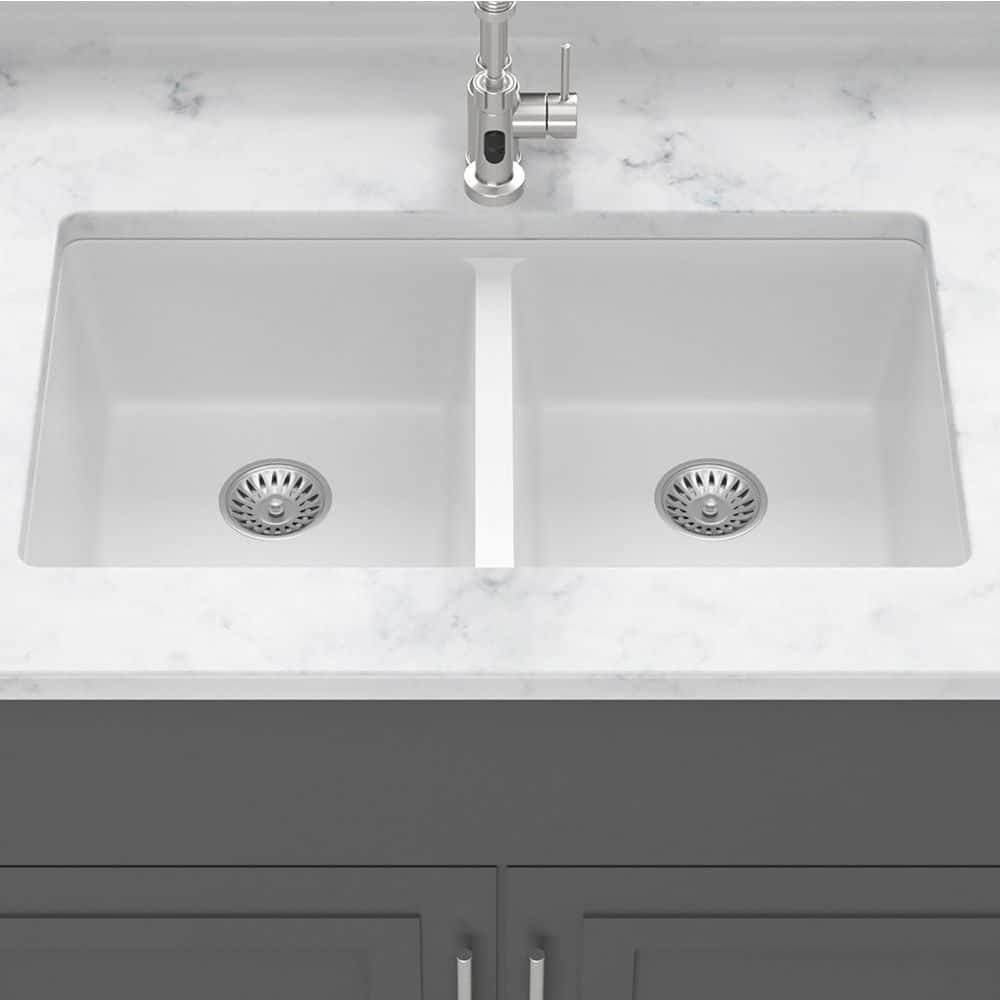 33 in. Undermount Double Bowl White Quartz Kitchen Sink with Bottom Grids
