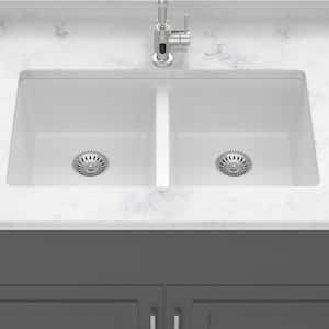 33 in. Undermount Double Bowl White Quartz Kitchen Sink with Bottom Grids