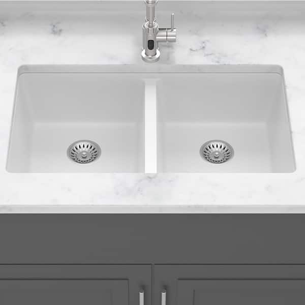 33 in. Undermount Double Bowl White Quartz Kitchen Sink with Bottom Grids