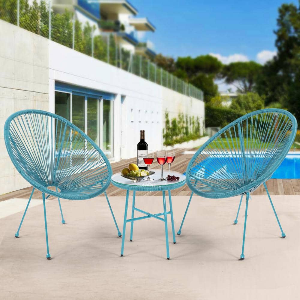 3 -Piece Blue Patio Metal Outdoor Bistro Conversation Set with Side Table, 