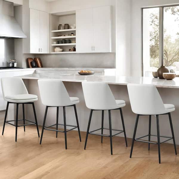 Cecily 27 in. White High Back Metal Swivel Counter Stool with Faux Leather Seat (Set of 2)