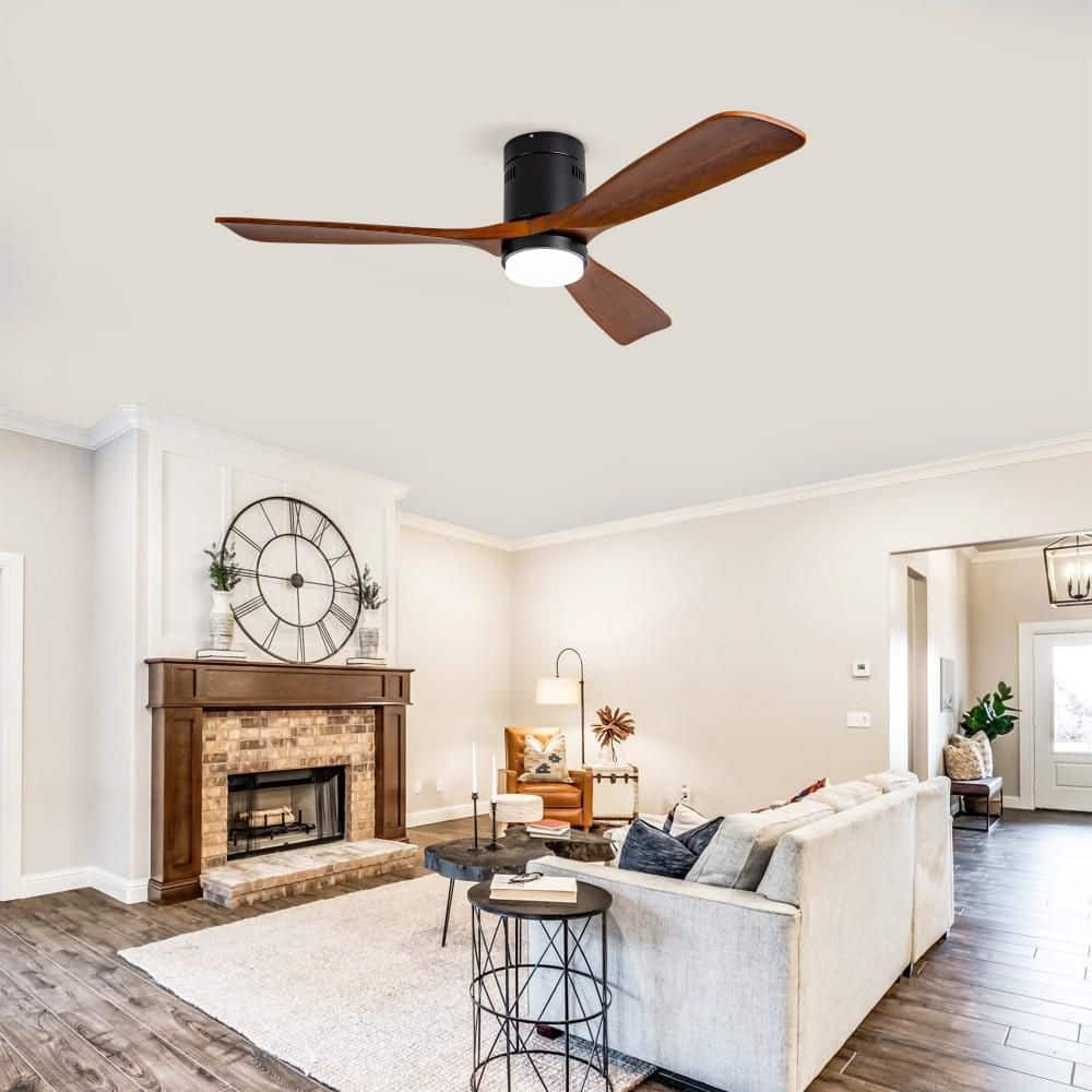 52 in. Brown Flush Mount Ceiling Fan with 3 Solid Wood Blades, Dimmable LED Light and Remote Control for Bedroom, Patio price history on PriceWatchPro