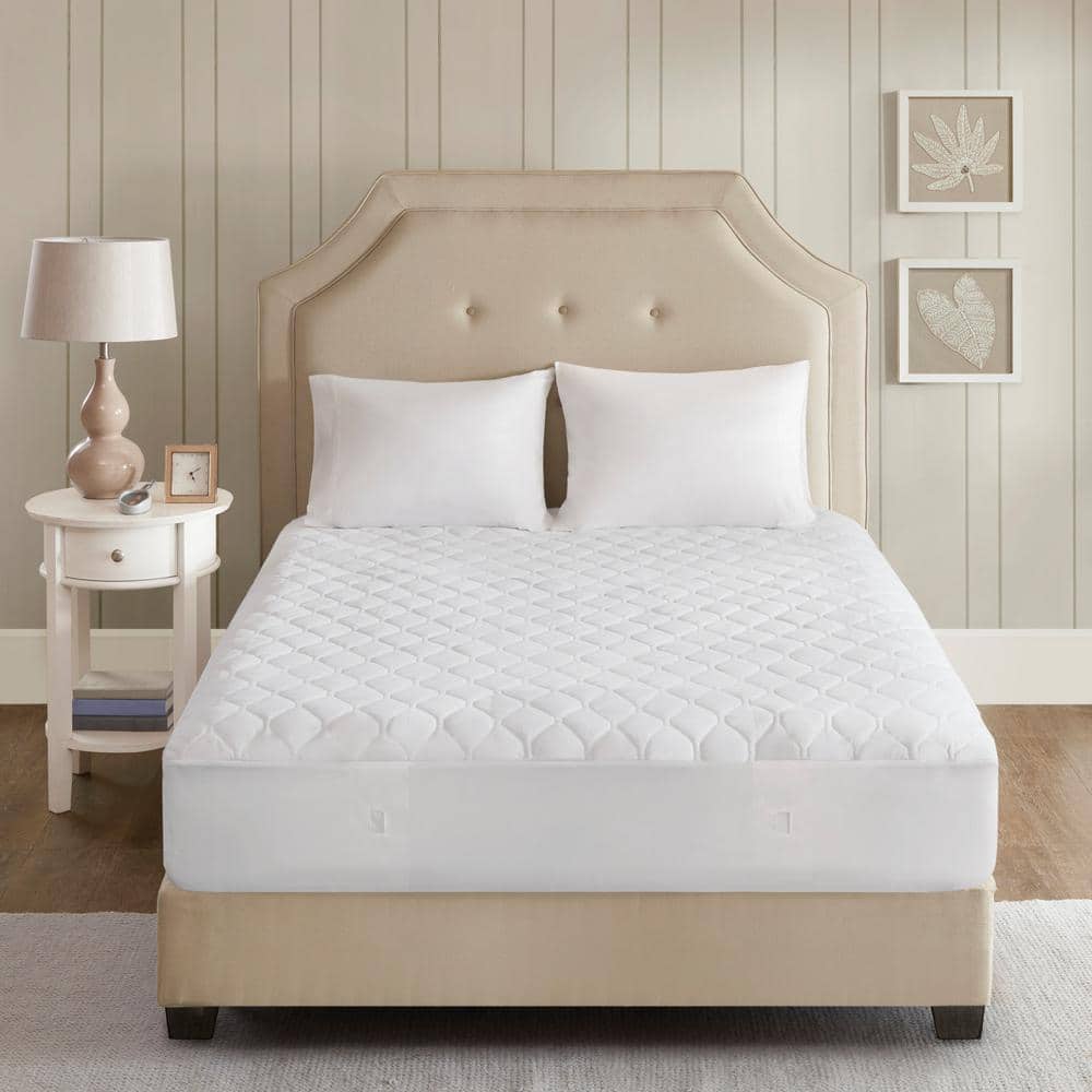 Queen White Heated Microfiber Mattress Pad with 3M Scotchgard
