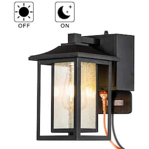 1 Light Matte Black Dusk to Dawn Sensor Outdoor Wall Lantern Sconces with Seeded Glass and Built-in GFCI Outlets