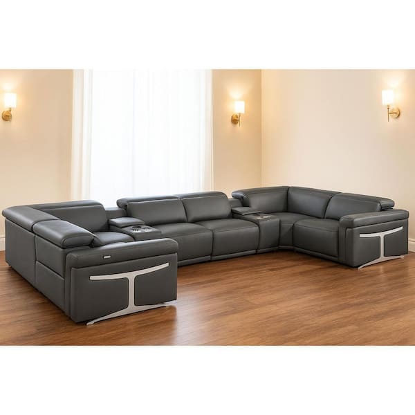 172.00 in. Square Arm 8 piece Leather U-Shaped Sectional Sofa in. Gray