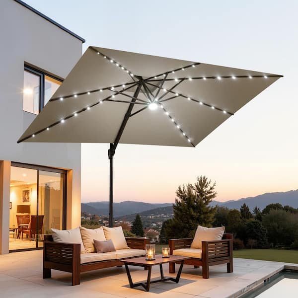 Crestlive Products 11 ft. x 9 ft. Solar Powered Outdoor Cantilever Umbrella  with Cross Stand Double Top Patio Offset Umbrella in Beige CL-UWB6208BLK