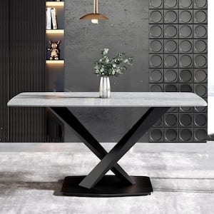 63 in. Round Edge Gray Sintered Stone Rectangle Dining Table Top with Black Cross Legs (6 Seats)