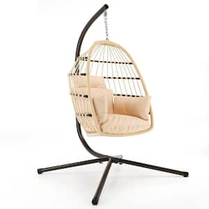 1-Person Natural Wicker Foldable Patio Swing Hanging Egg Chair with Black Stand and Natural Cushion