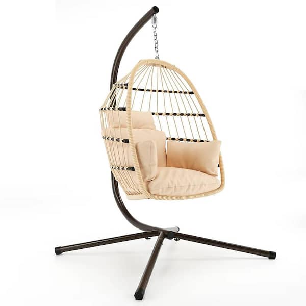 Angel Sar 1-Person Natural Wicker Foldable Patio Swing Hanging Egg Chair with Black Stand and Natural Cushion