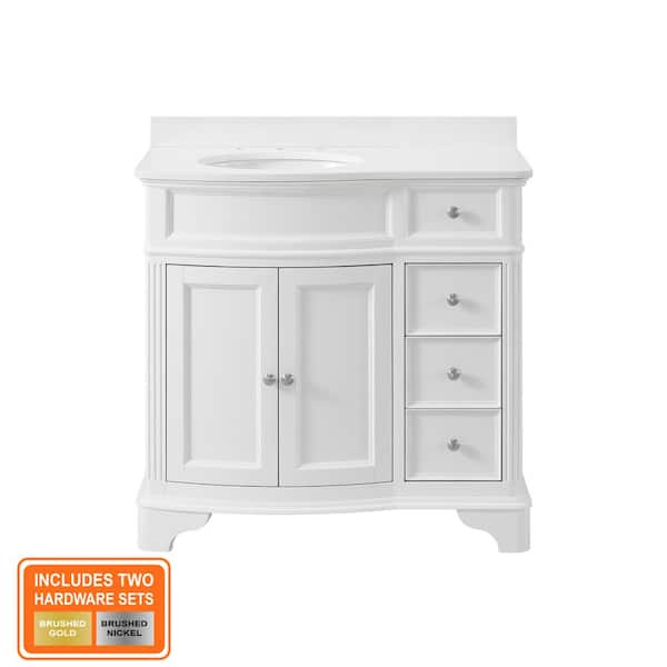 Terryn 37 in. Single Sink White Bath Vanity with Engineered White Marble Top (Assembled)