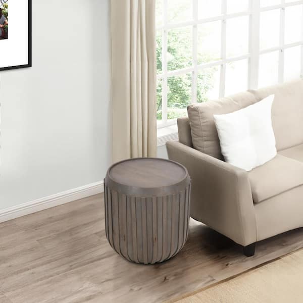 THE URBAN PORT Alisha 22 in. Gray Round Mango Wood Top Handcrafted Side End Table with Ribbed Edges