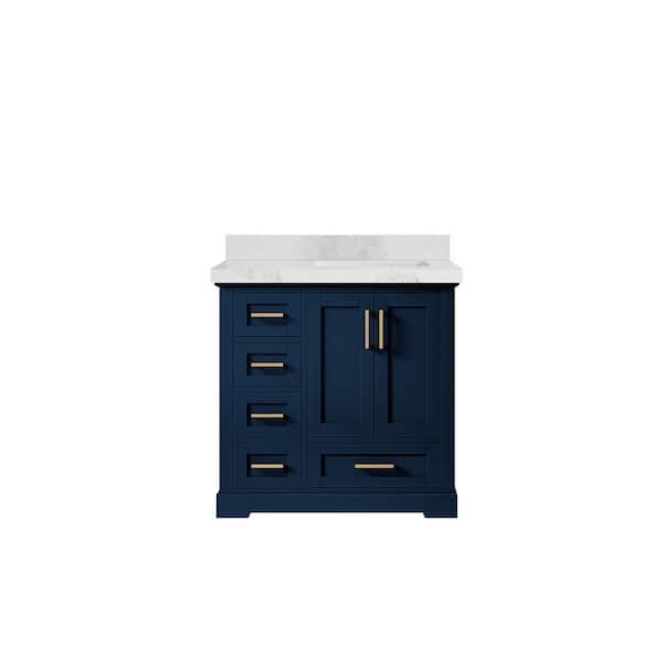 Willow Collections Boston 36 in. W x 22 in. D x 36 in. H Right Offset Sink Bath Vanity in Navy Blue with 2" Calacatta Nuvo Top
