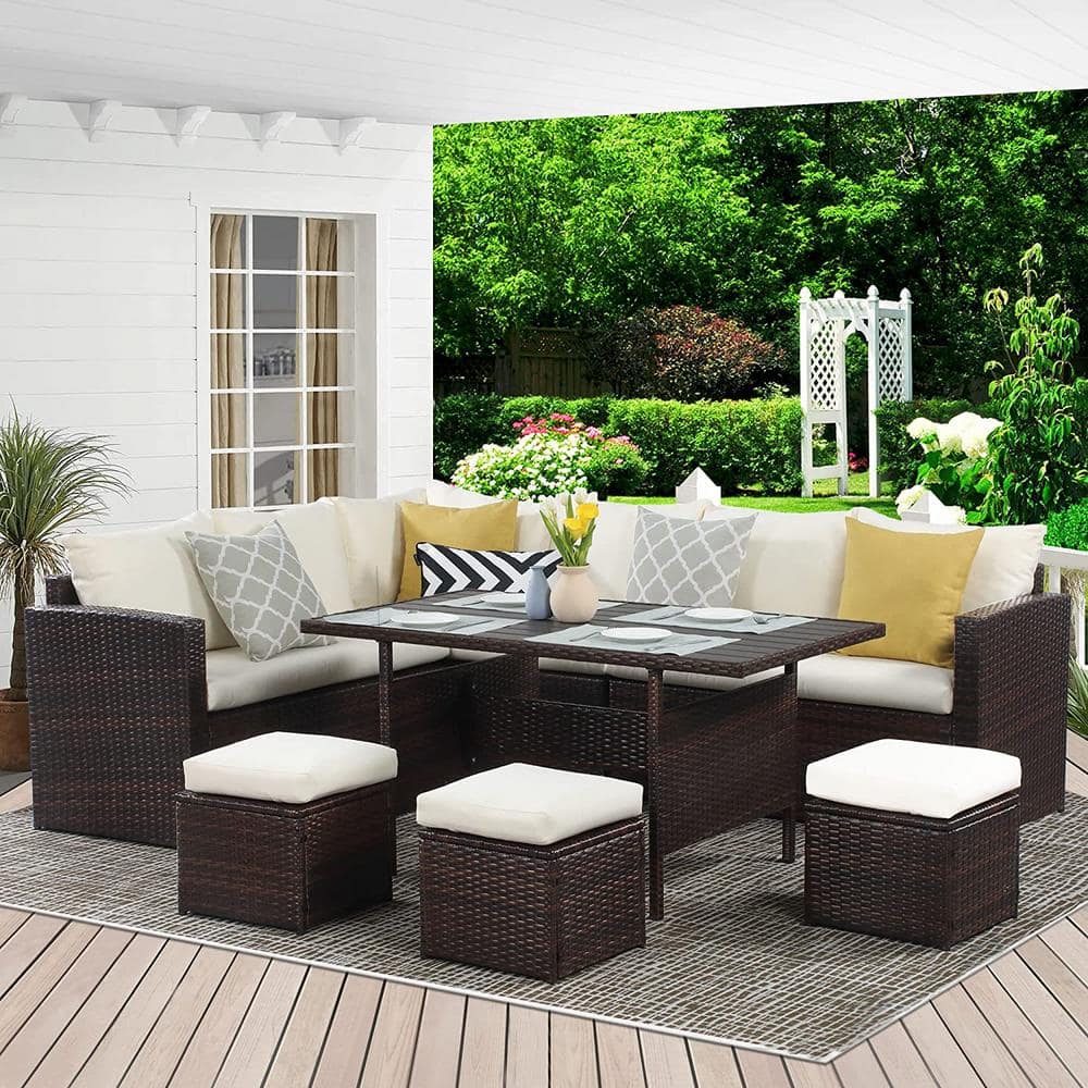 7-Piece All Weather Hand Woven PE Wicker Outdoor Patio Sectional Sofa Dining Table Set with Ivory Cushions