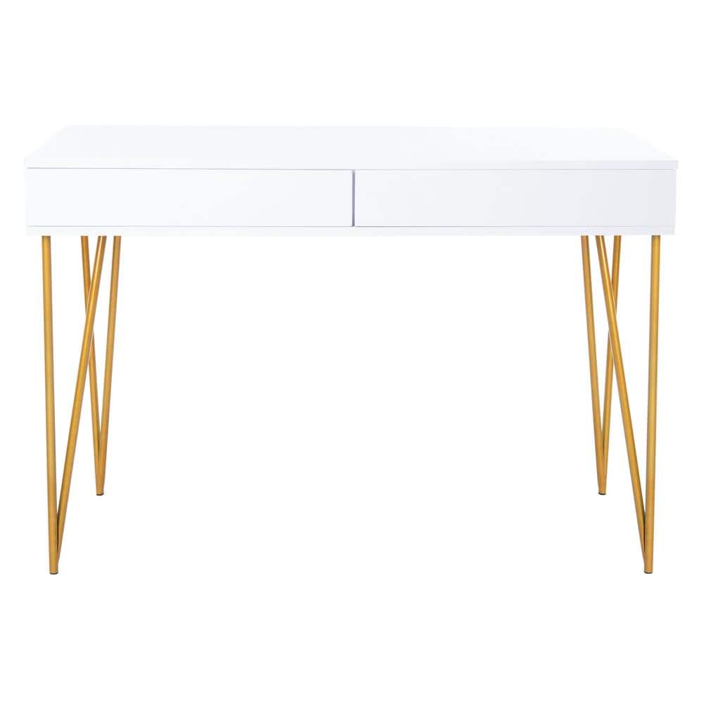 Elegant Transitional White and Gold Home Office Desk with 2 Drawers